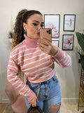 Pull rosa spalla aperta e perle