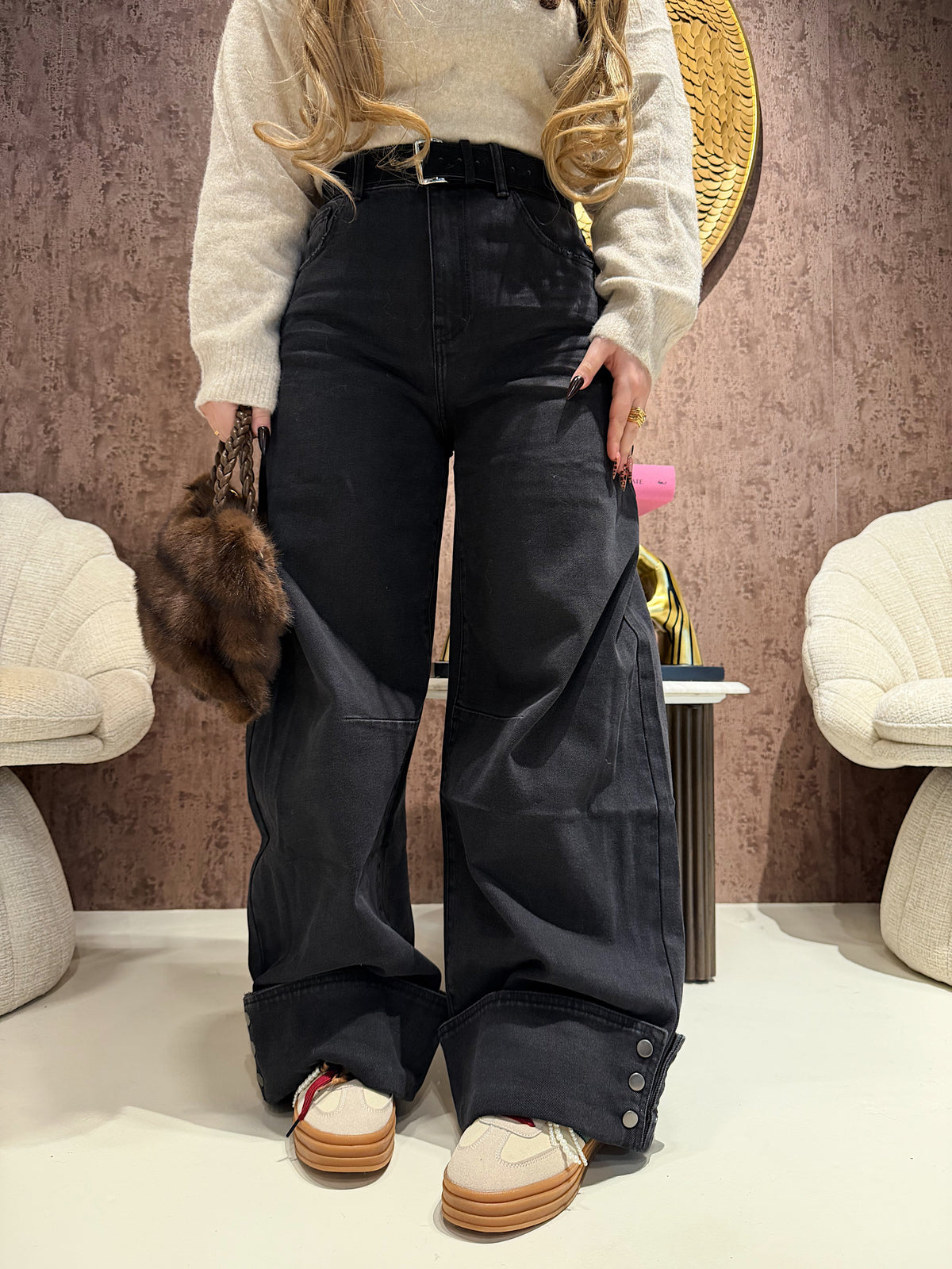 Jeans Turn Up Wide Leg con cintura