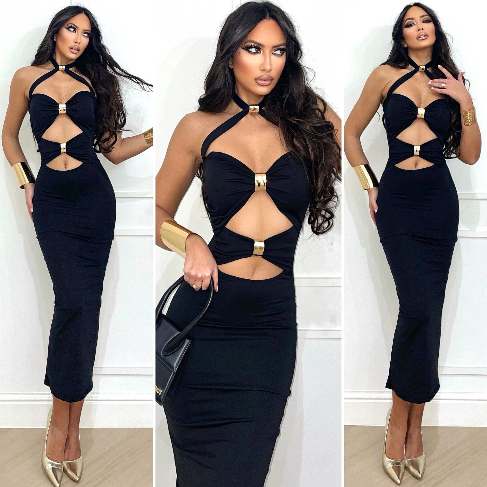 Abito con gioielli e incrocio