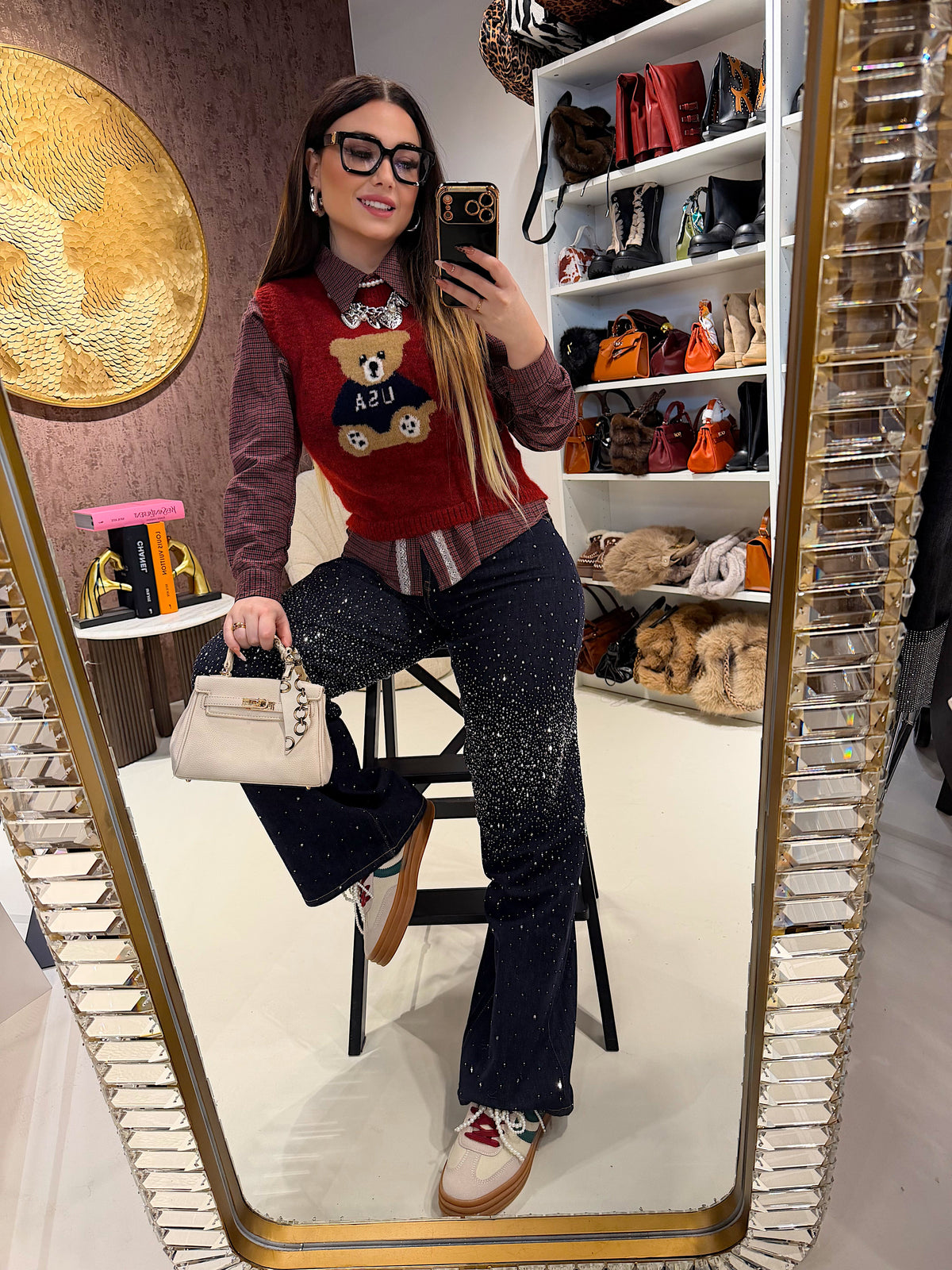 Jeans a Vita Asimmetrica Twist Up con brillantini