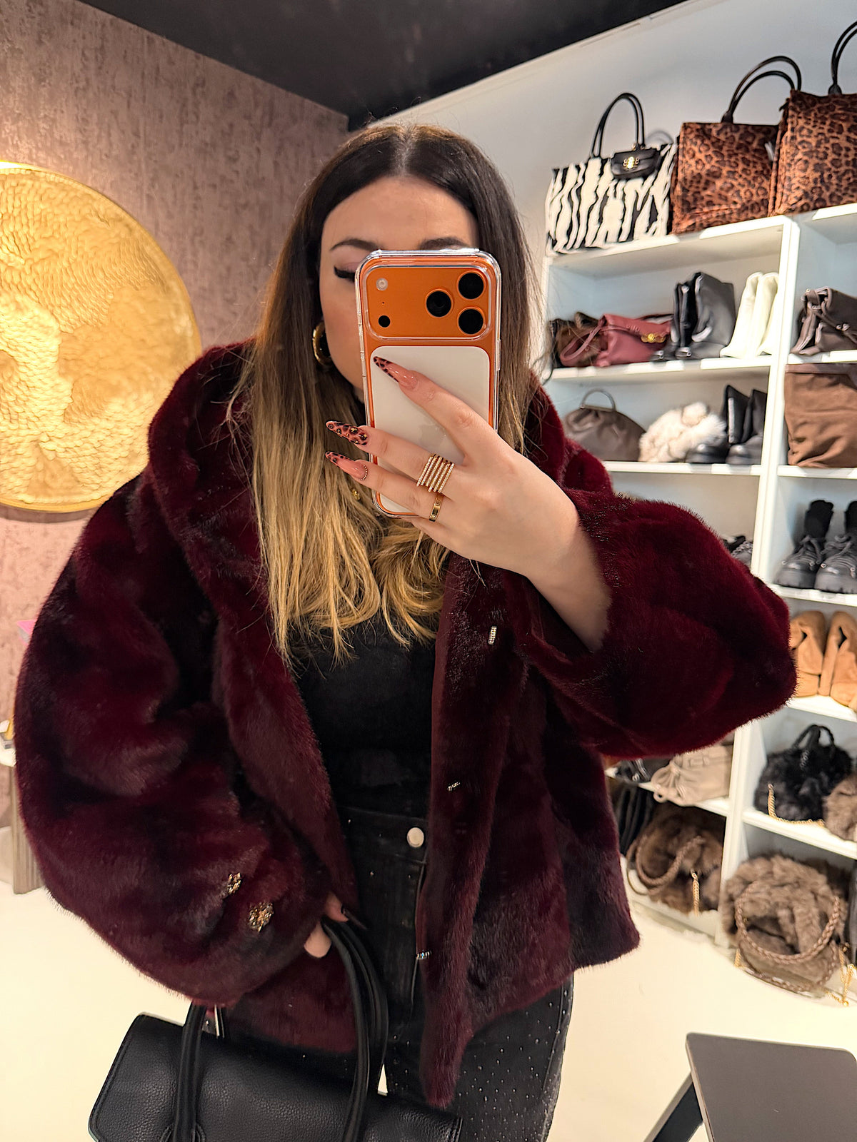 Giacca Pelliccia Elegance bordeaux e marrone