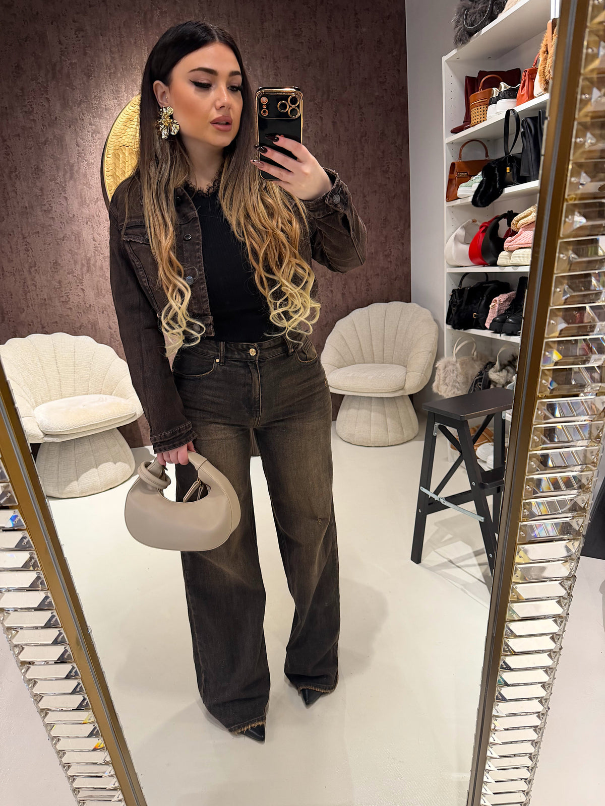 Completo Denim Dark Brown – Giacca Crop & Pantalone Flare