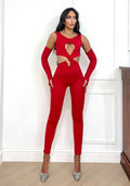Tuta aderente con incrocio rosso
