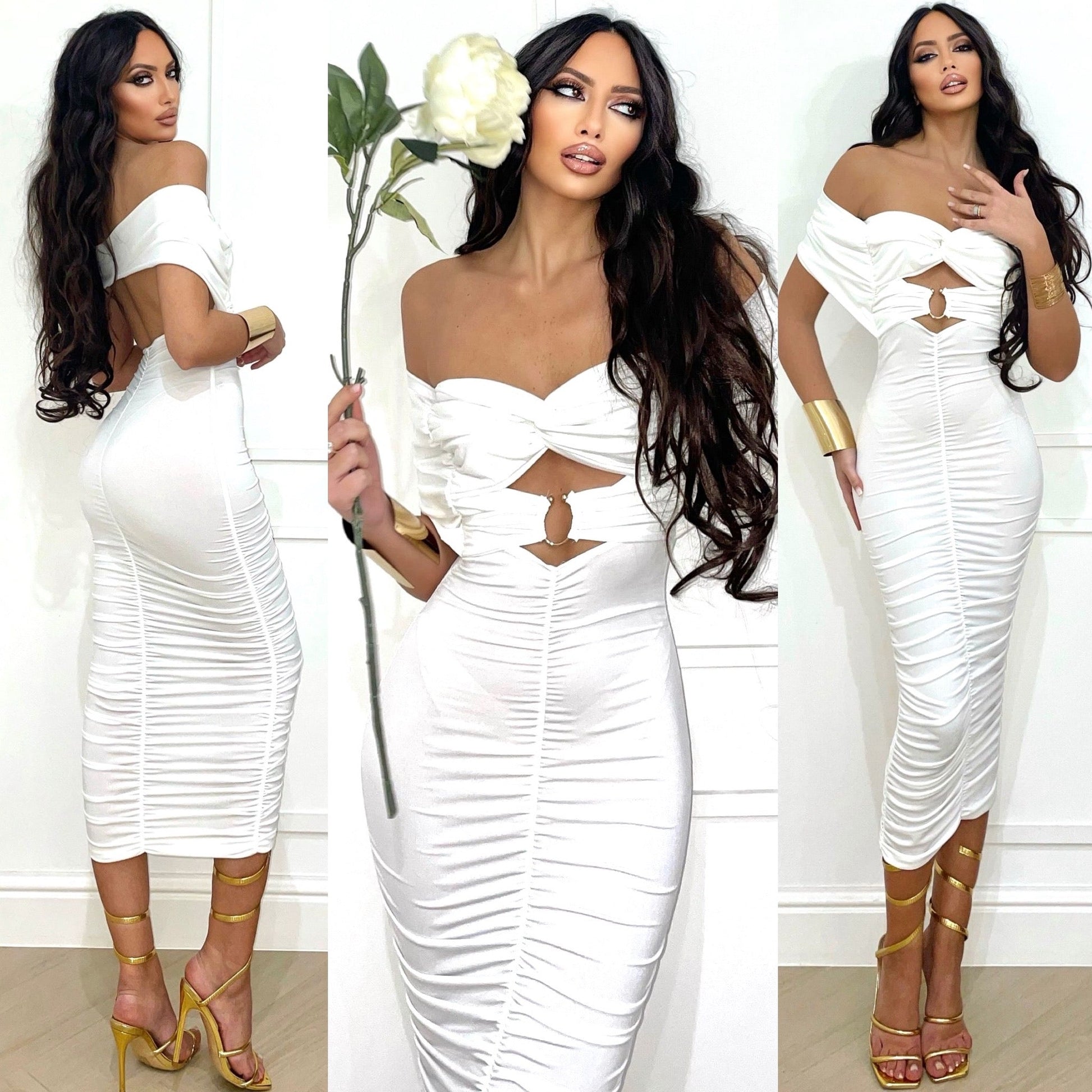 Abito midi con anello e choker al collo bianco