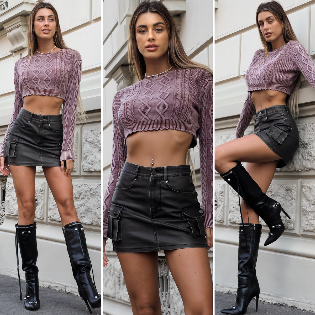 Maglione malva a trecce