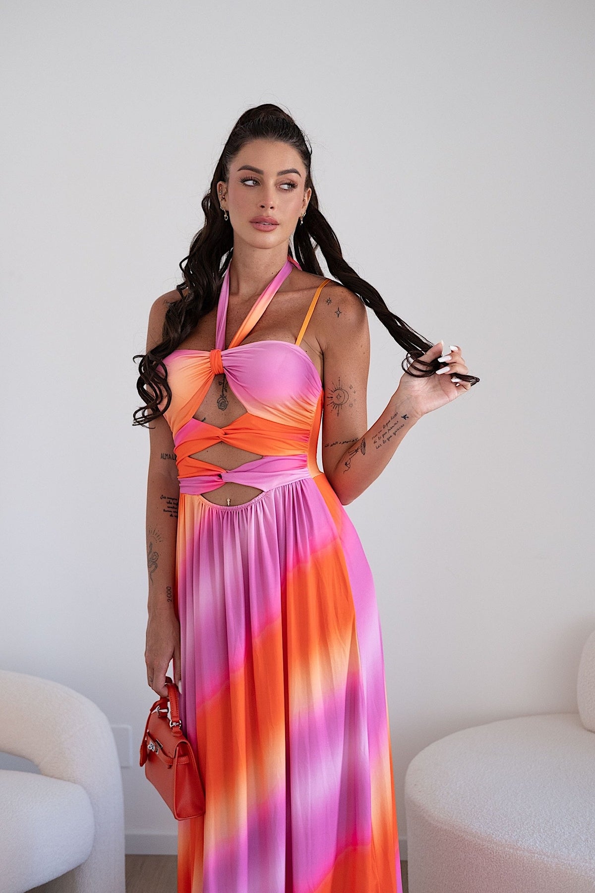 Abito lungo Fuxia arancio con incrocio