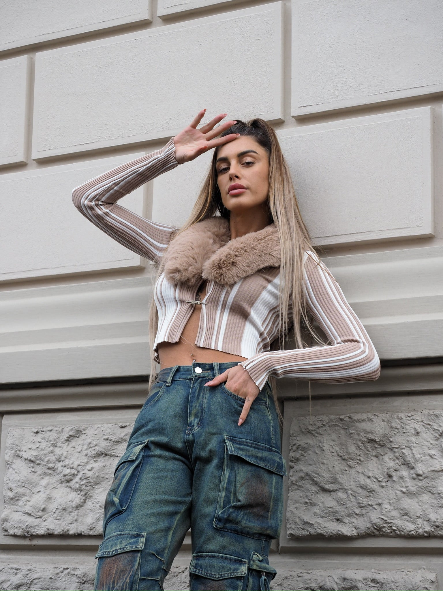 Maglione con pelliccia camel