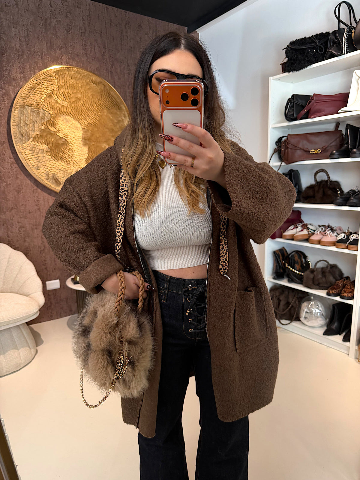 Cardigan Morbido con Cappuccio e laccio Animalier