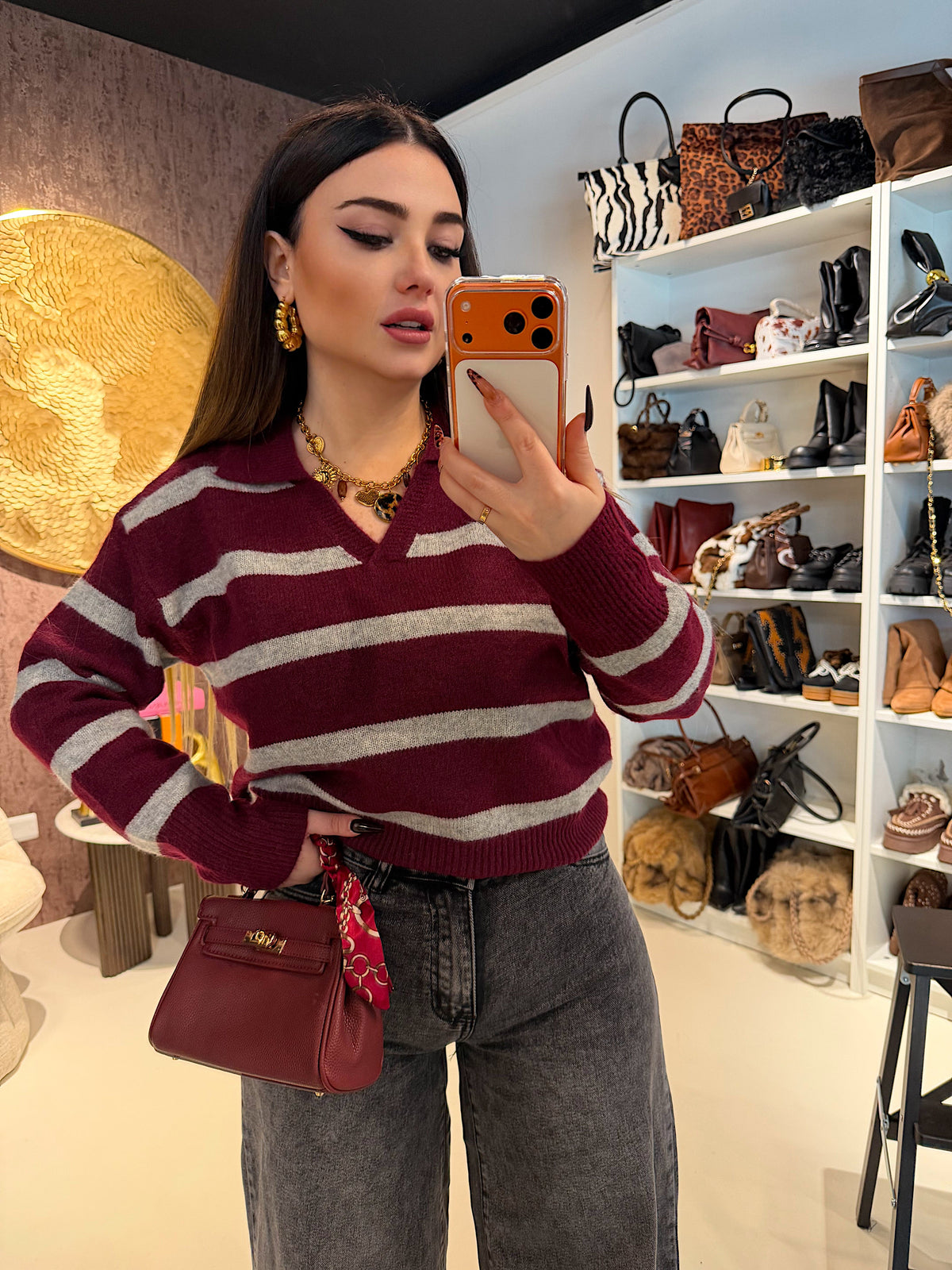 Maglione a righe bordeaux grigio