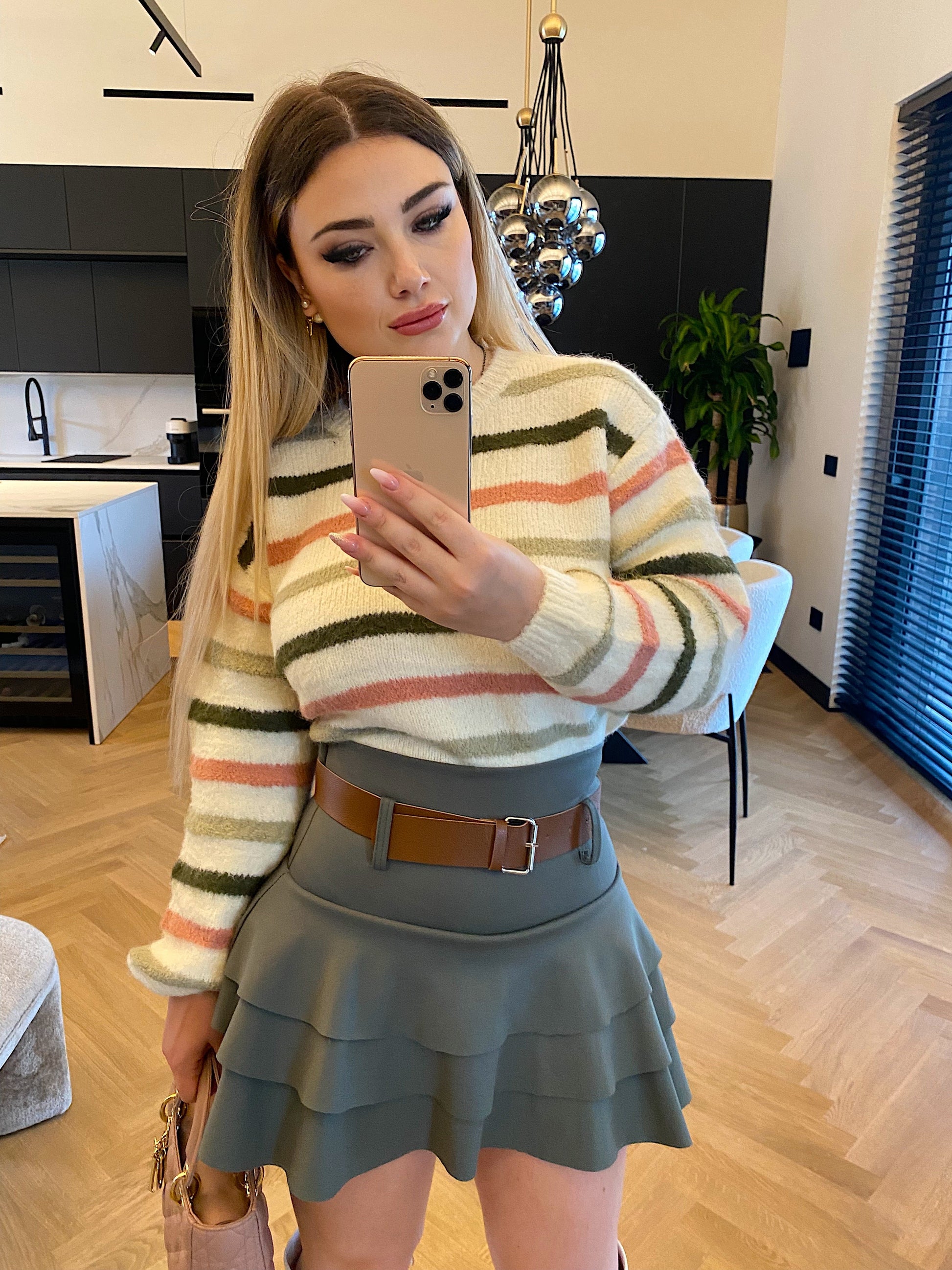 Gonna a balza verde militare con cintura