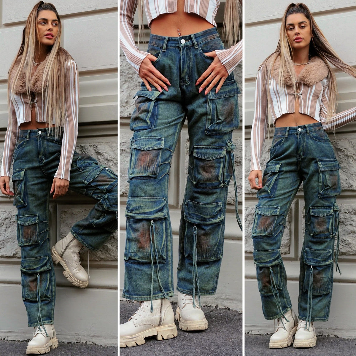 Cargo maxi con tasconi jeans macchiato