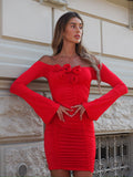 Abito con rose scollo a barca rosso