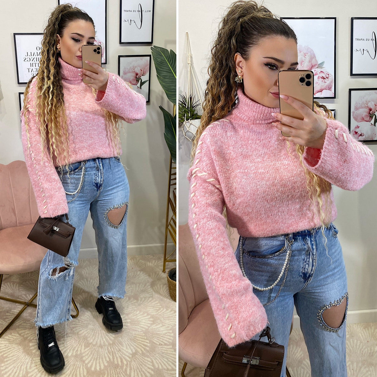 Maglione rosa con lacci bianchi
