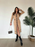 Cardigan lungo camel e nero con cintura