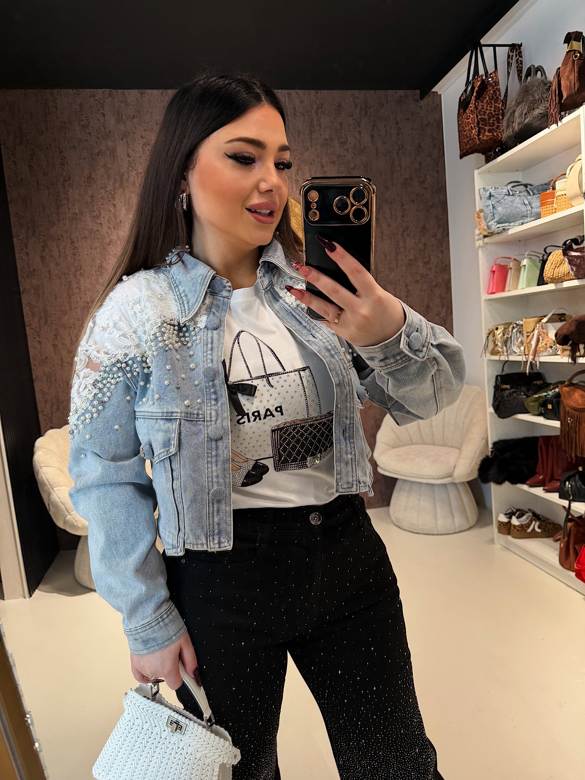Giacca Denim Pearl Lace Cropped