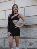 Abito monospalla nero con strass