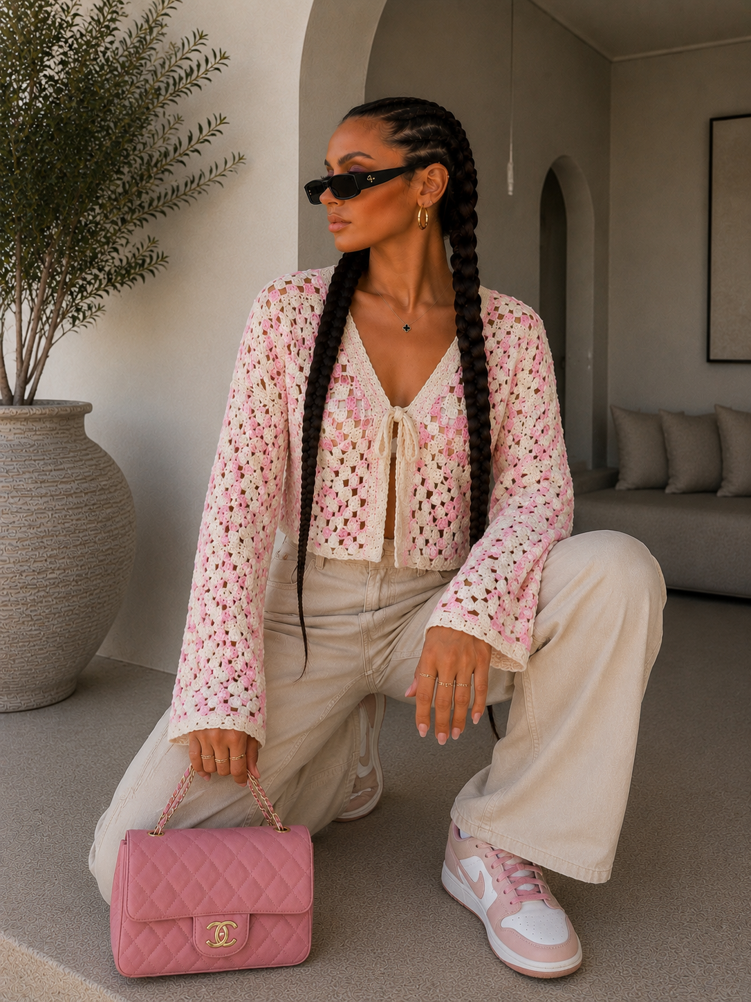 Cardigan Crochet Rosa con Laccetto
