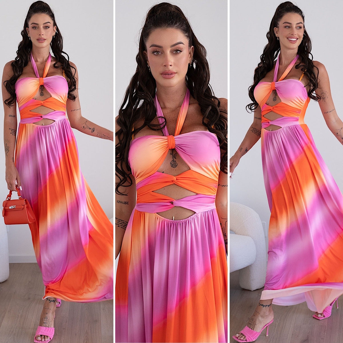 Abito lungo Fuxia arancio con incrocio
