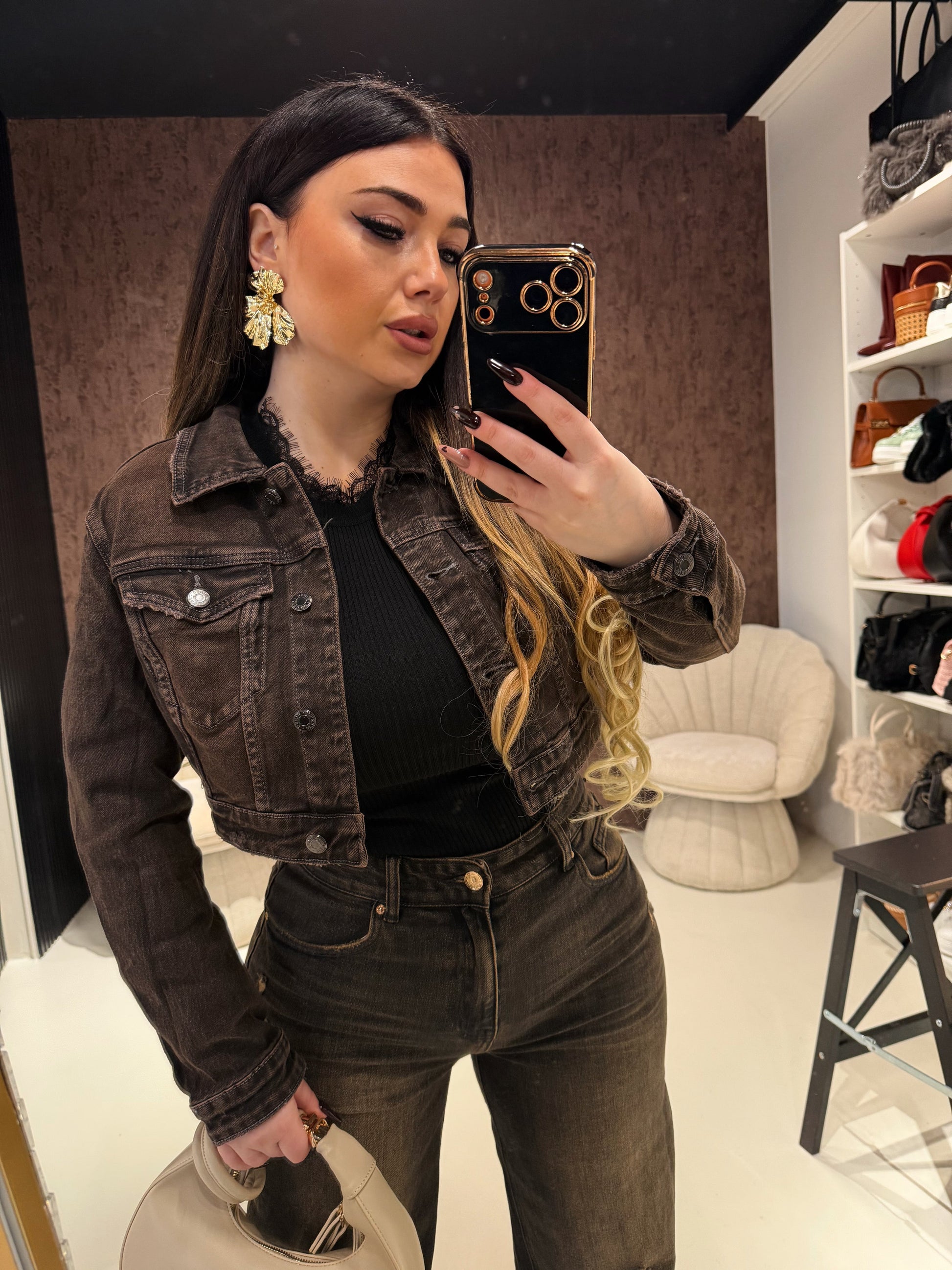 Completo Denim Dark Brown – Giacca Crop & Pantalone Flare
