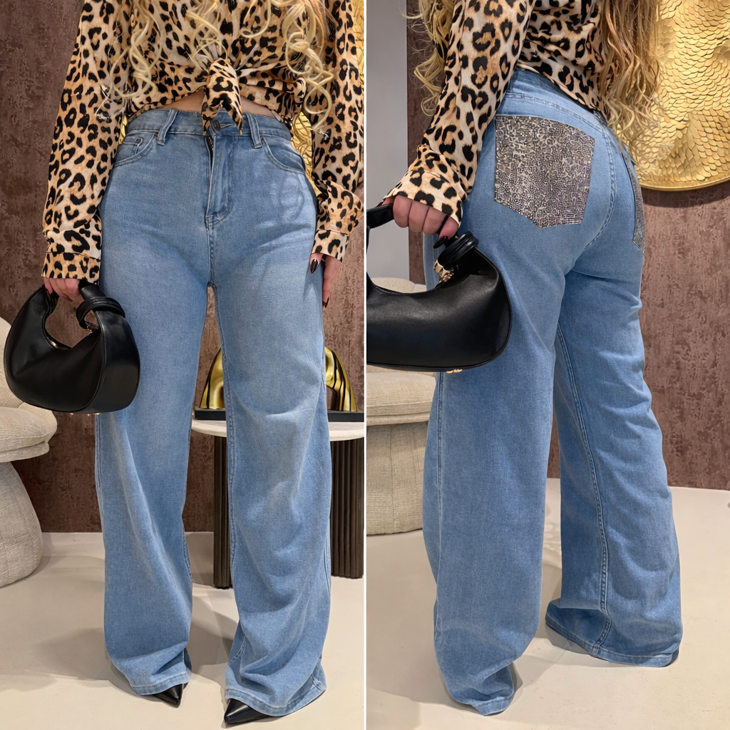Jeans con tasca glitter maculata