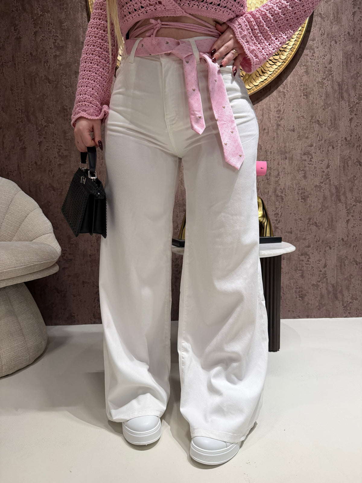 Jeans Wide Leg White con Cintura Dog Pink