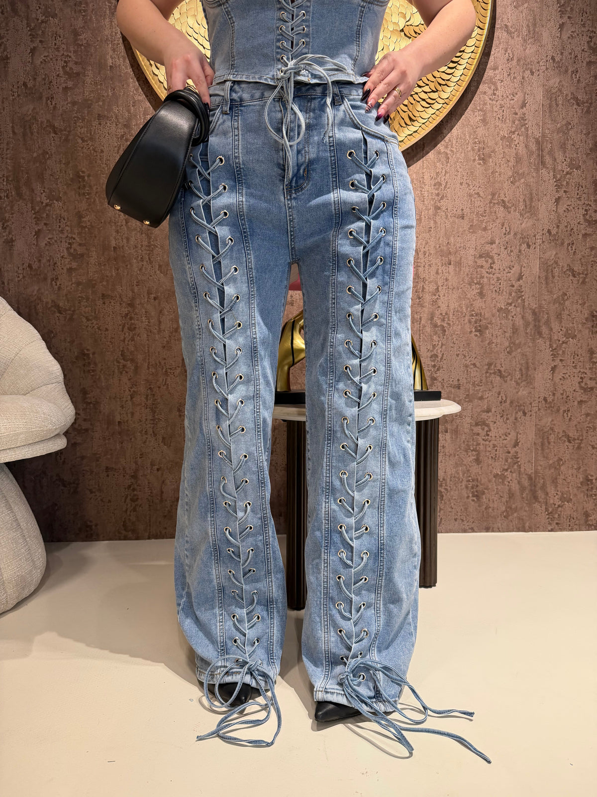 Completo Denim Lace Icon – Corsetto & Jeans Wide Leg