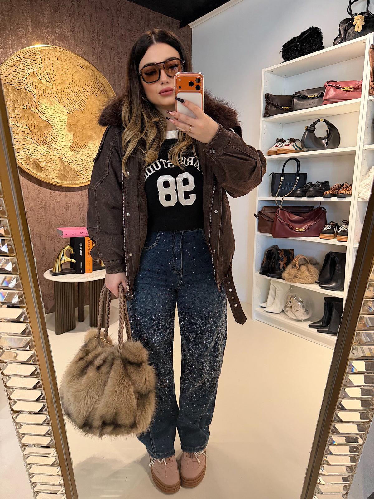 Giacca Denim con Collo in Pelliccia