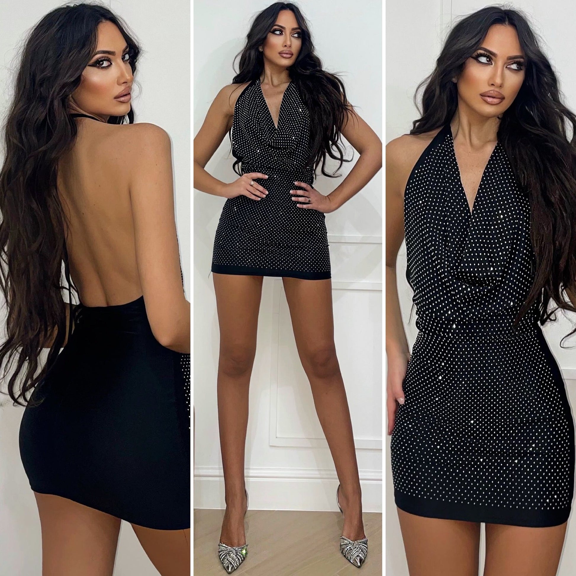 Abito con scollo e strass nero