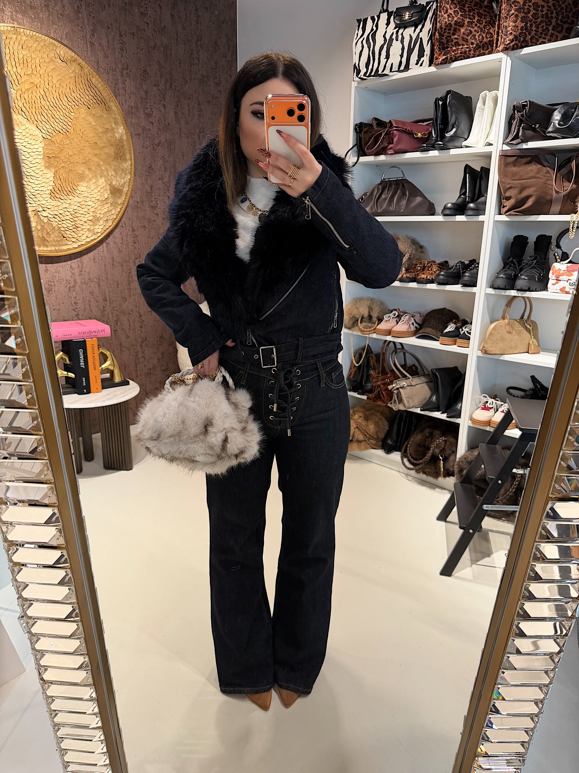 Giacca Denim Luxury Fur Navy