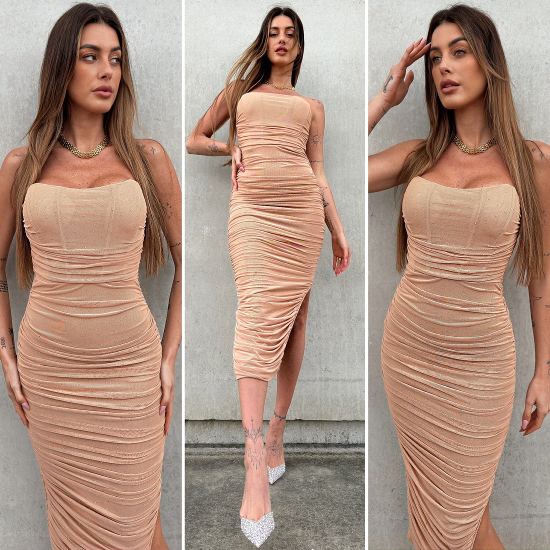 Abito a fascia midi nude con strass