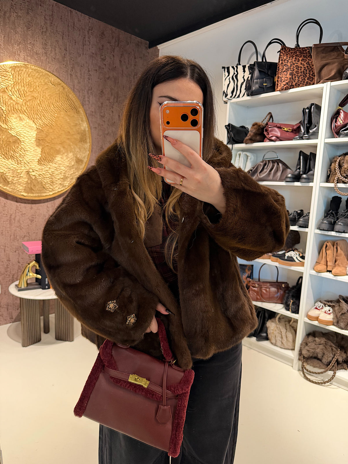 Giacca Pelliccia Elegance bordeaux e marrone