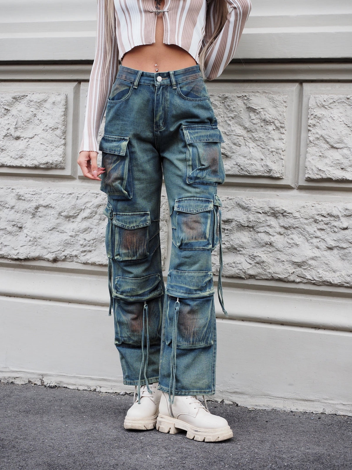 Cargo maxi con tasconi jeans macchiato