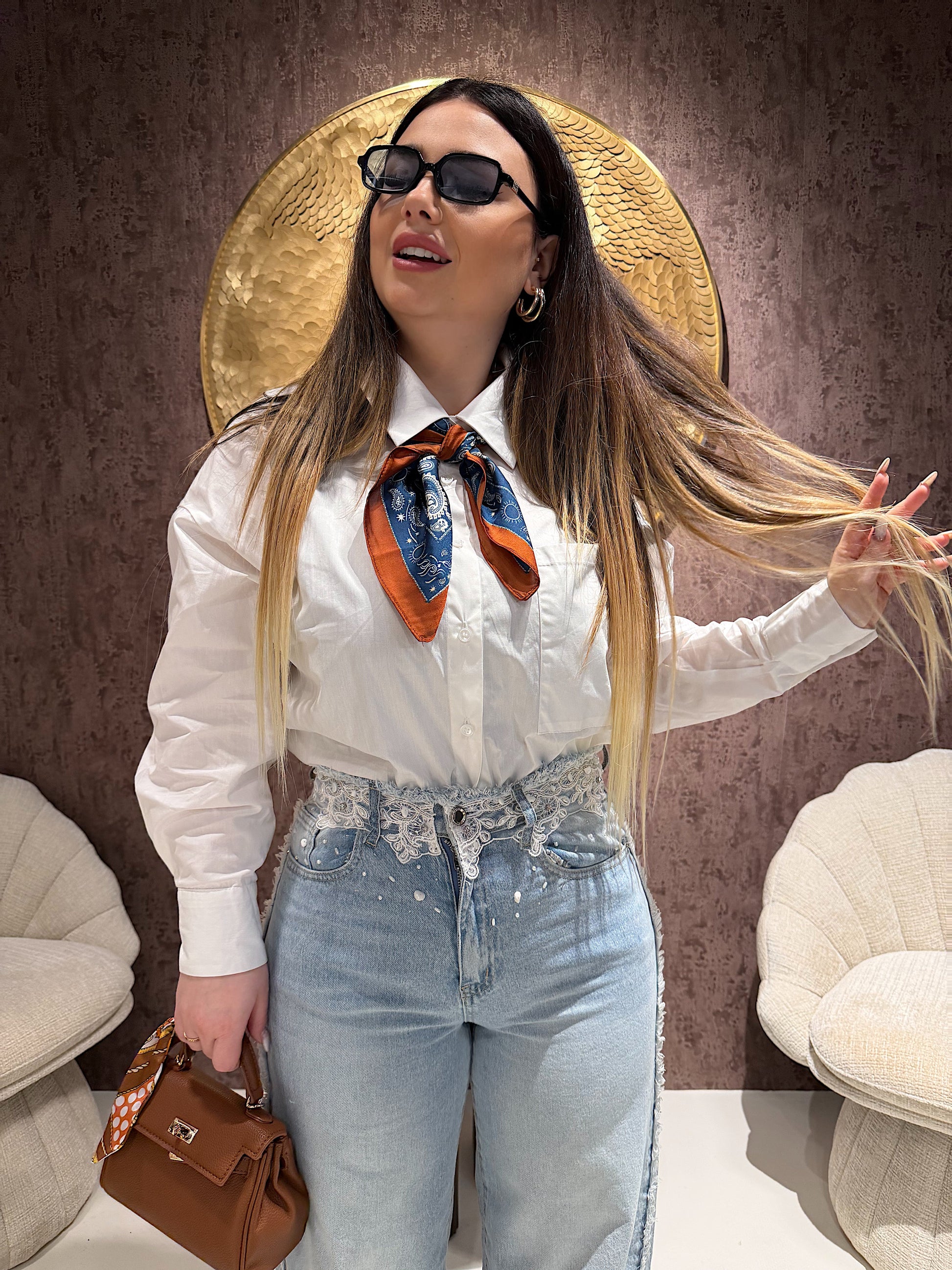 Camicia over con foulard 100% cotone