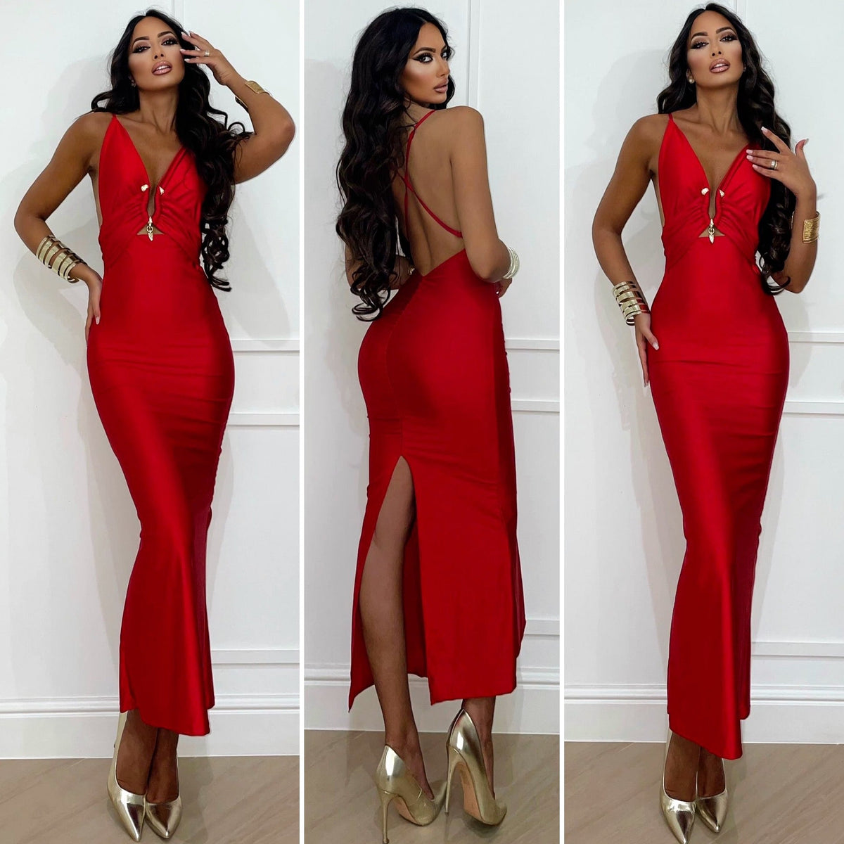 Abito midi rosso con gioiello