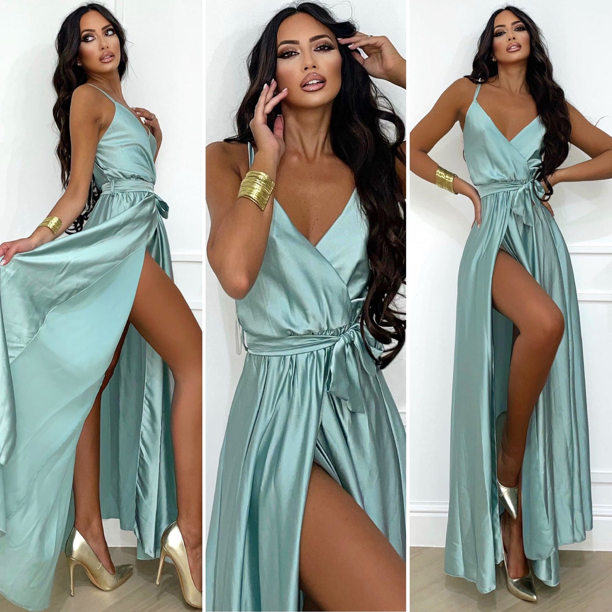 Abito in raso con maxi spacco tiffany