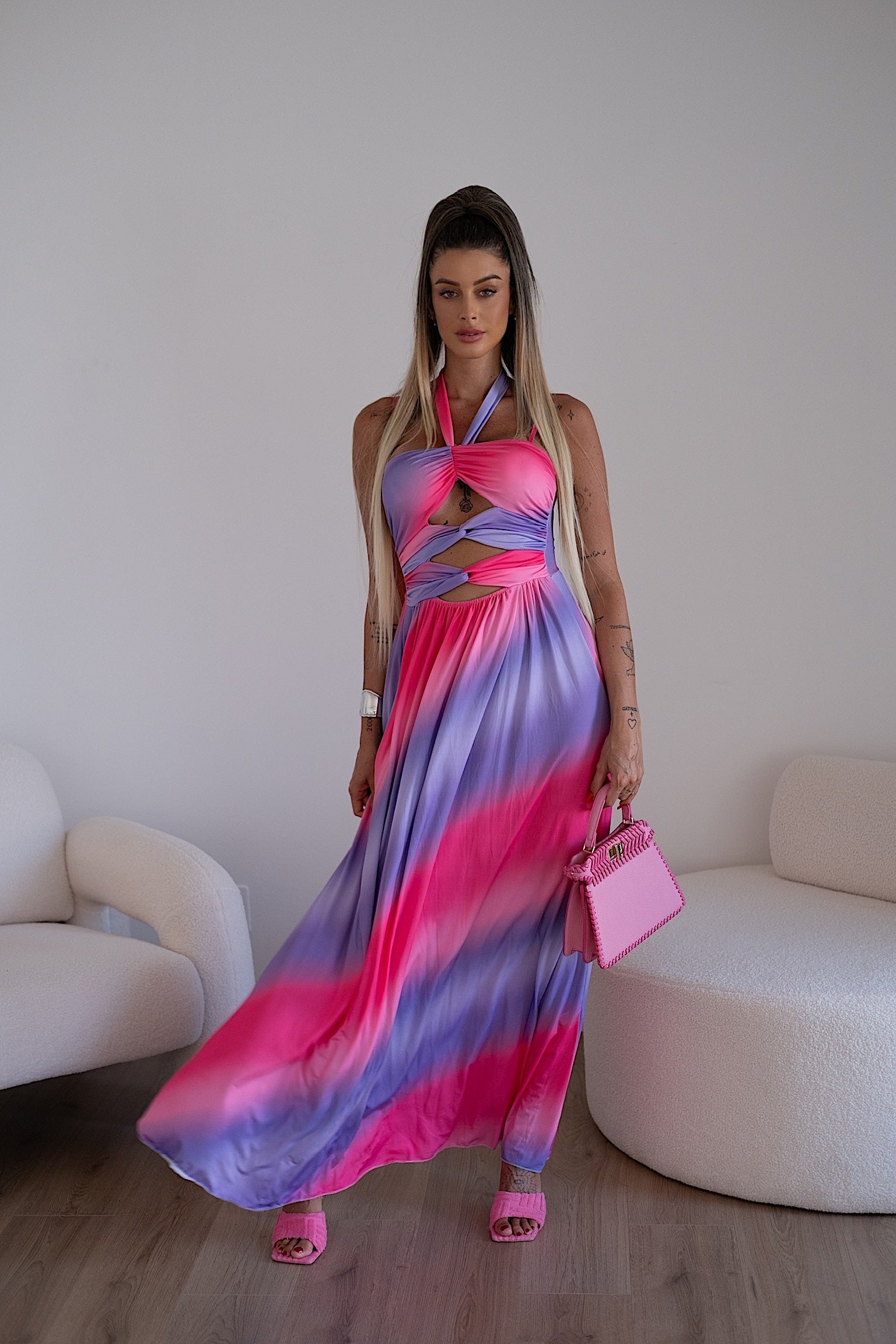 Abito lungo Fuxia azzurro lilla  con incrocio