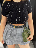Maglioncino crop nero a trecce con strass