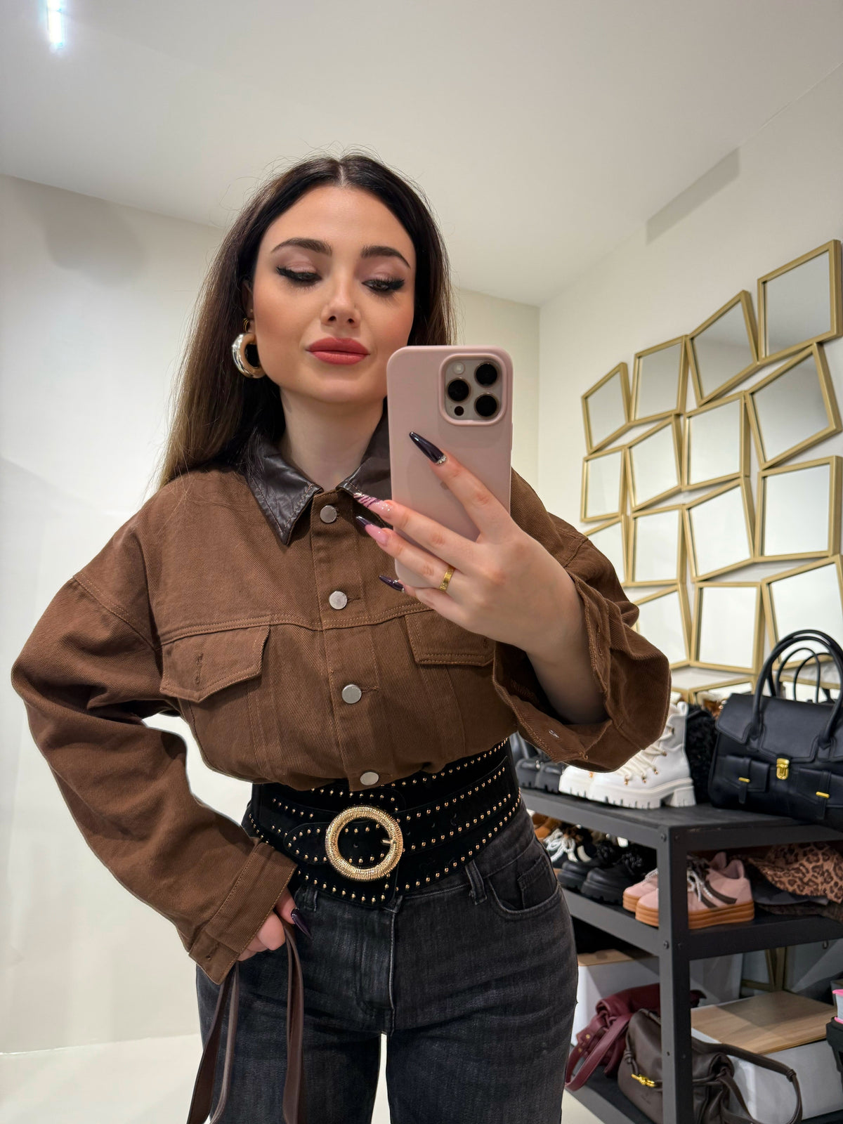 Giacca brown collo ecopelle