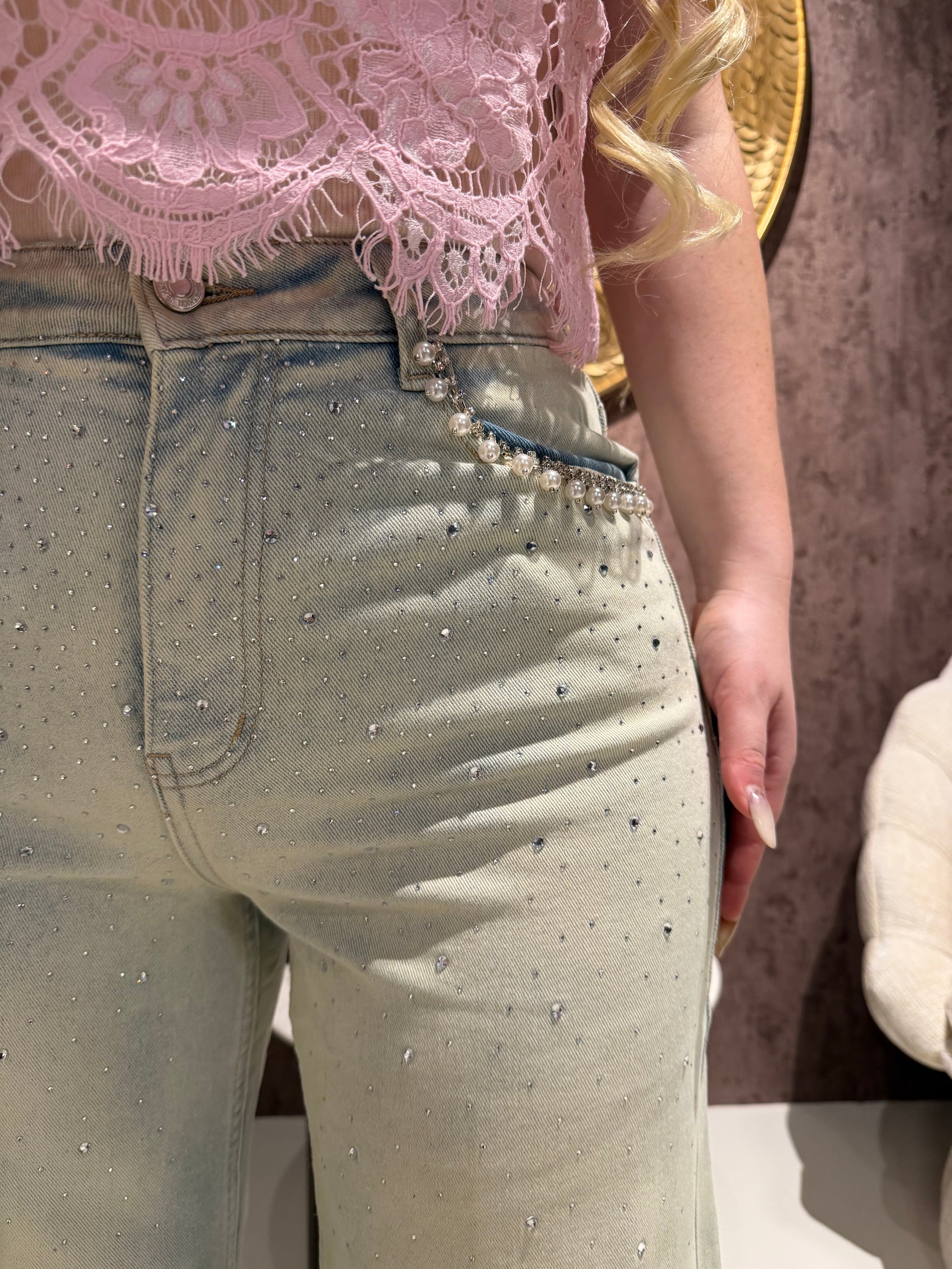 Jeans con Strass e Dettaglio Perle