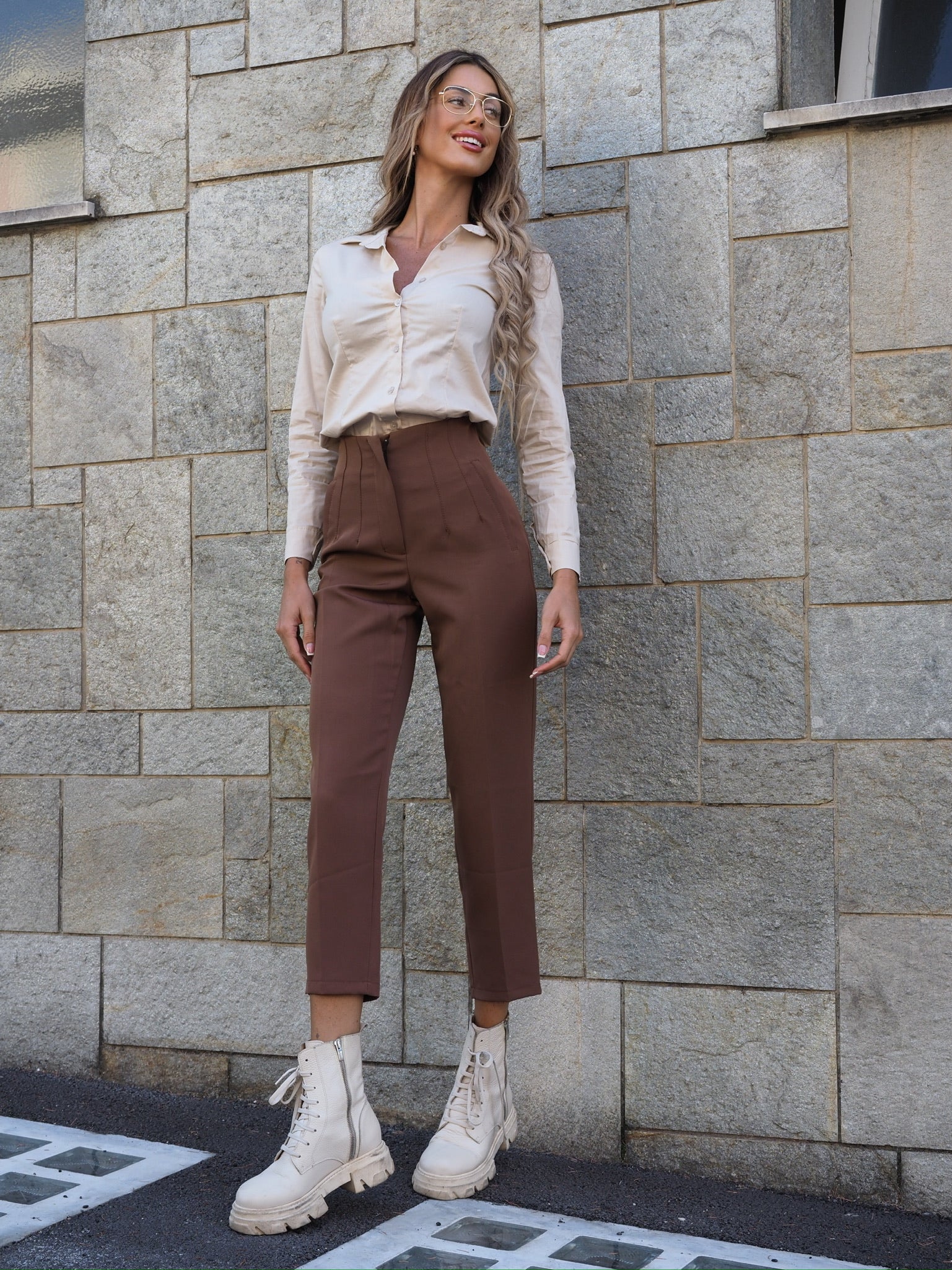 Pantalone vita alta choco