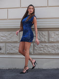 Abito smanicato con paillettes blu oceano
