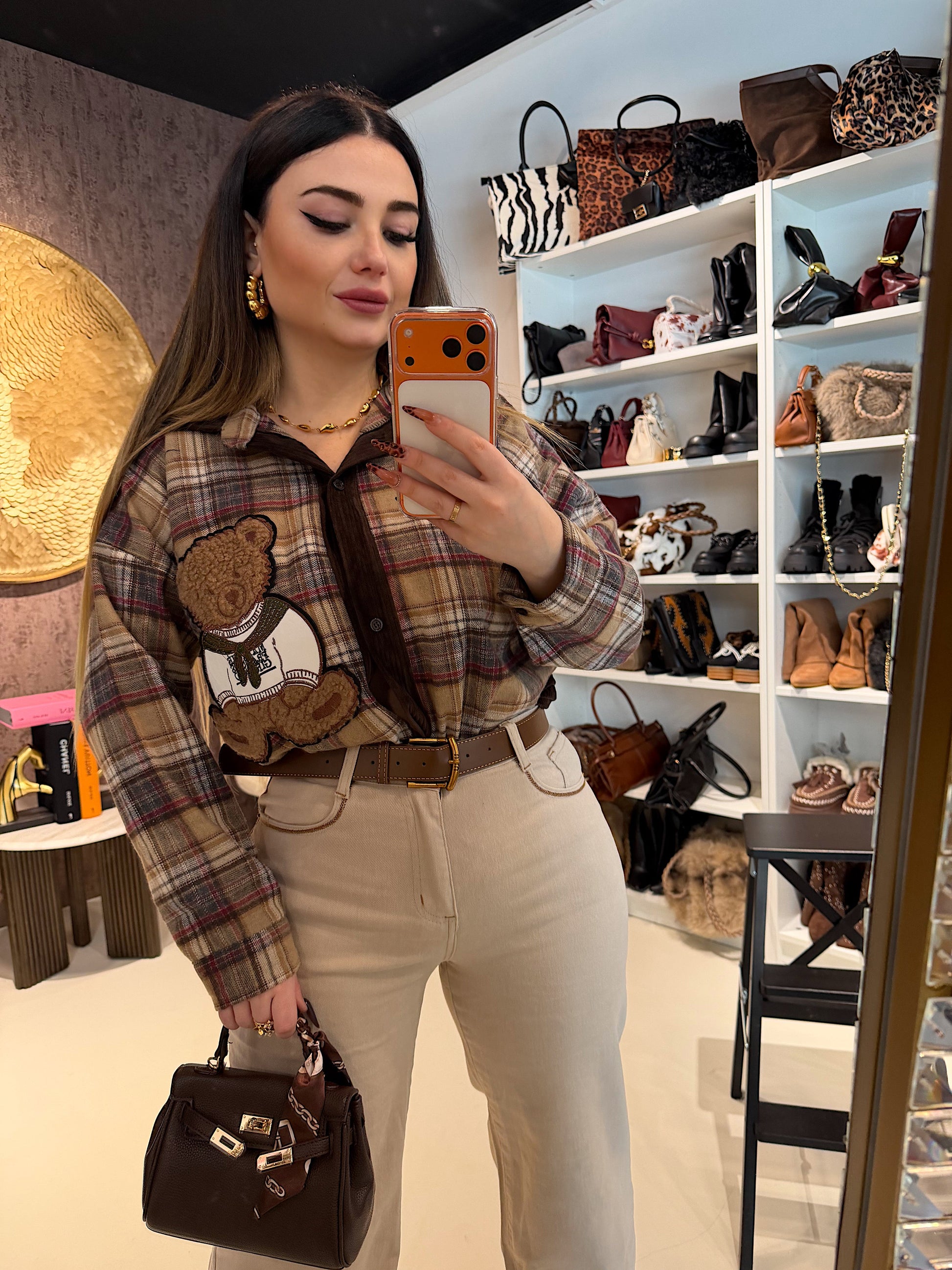 Camicia a quadri con teddy in rilievo