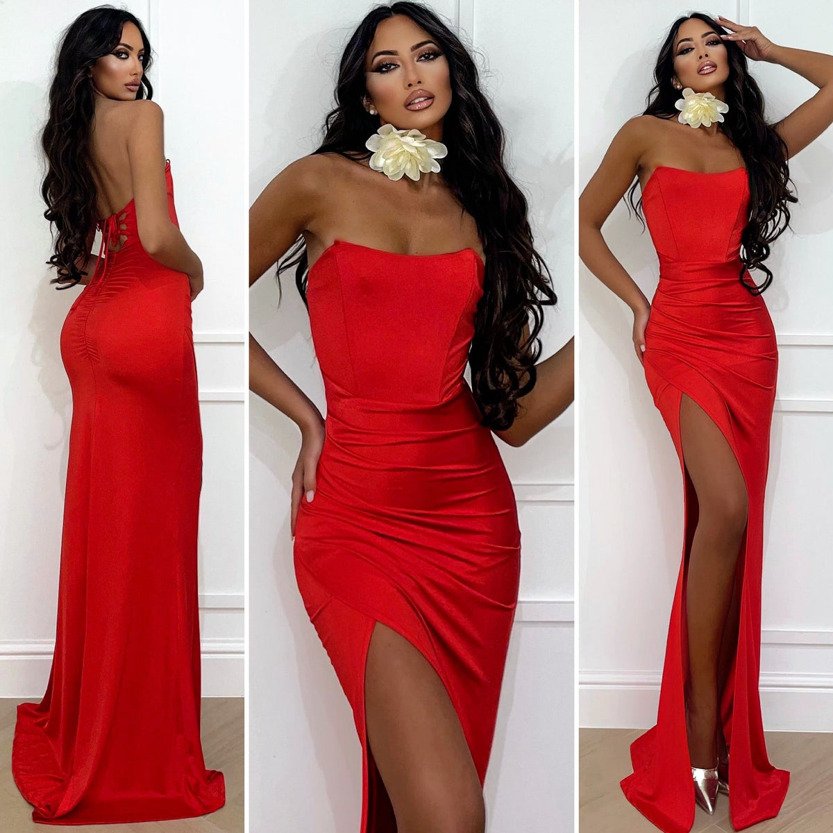 Abito a sirena con push up e incrocio rosso