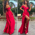 Abito in raso rosso scollo a barchetta