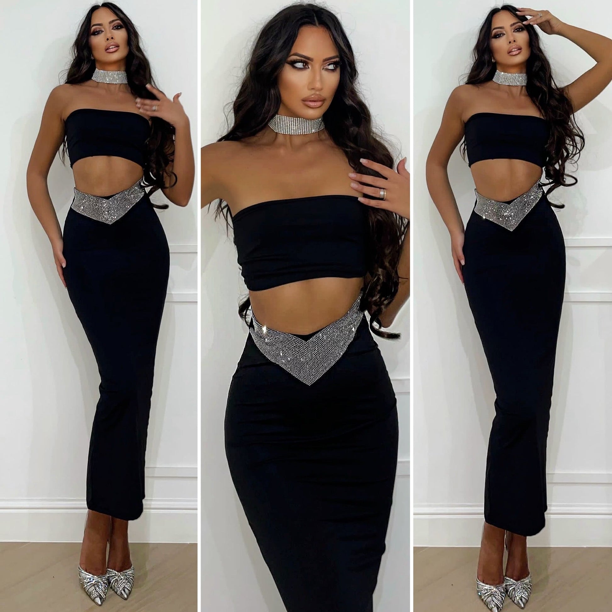 Completo top e gonna nero con strass