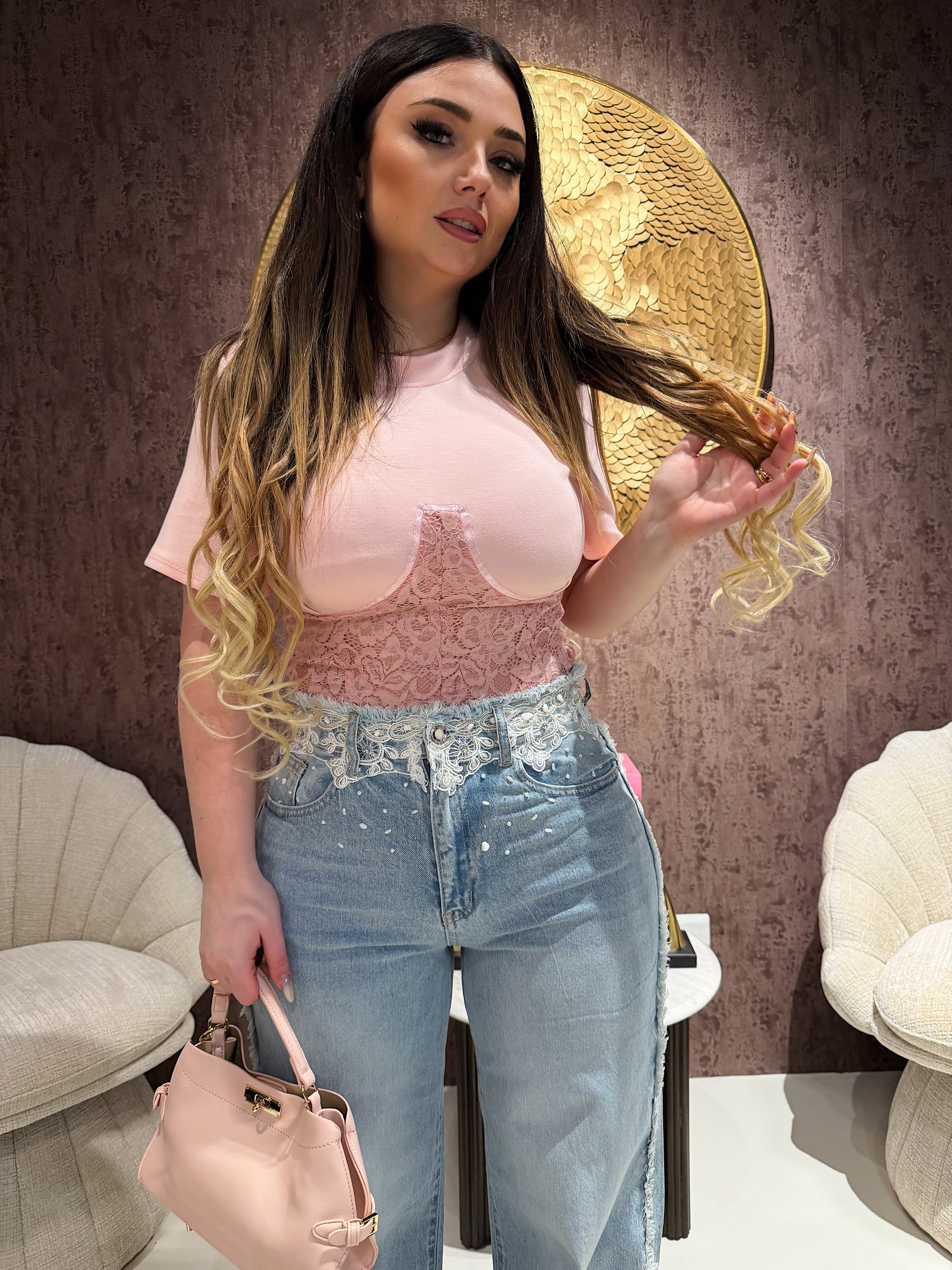 T-Shirt Corsetto con coppe in Pizzo con lacci posteriori