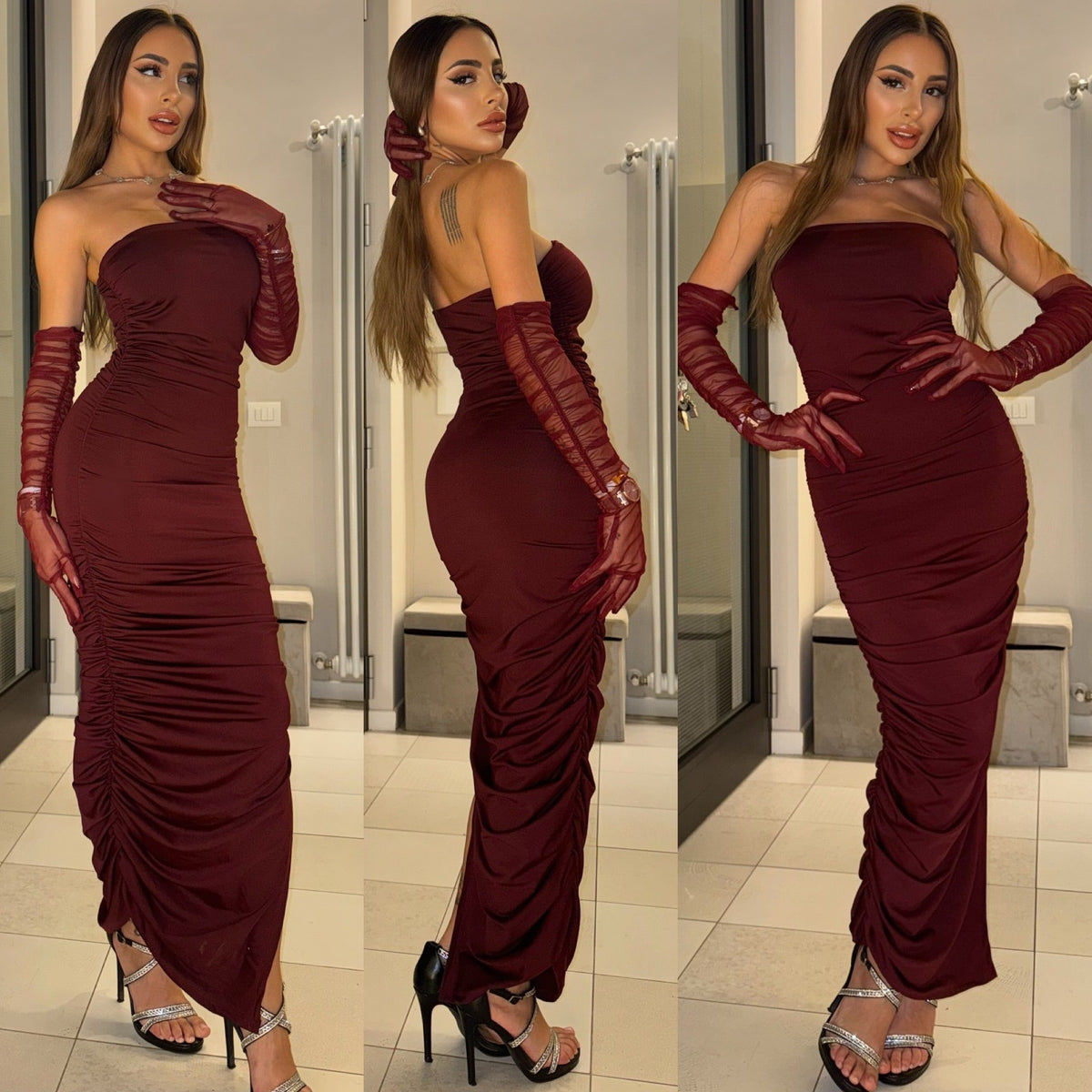 Abito midi bordeux con guanti