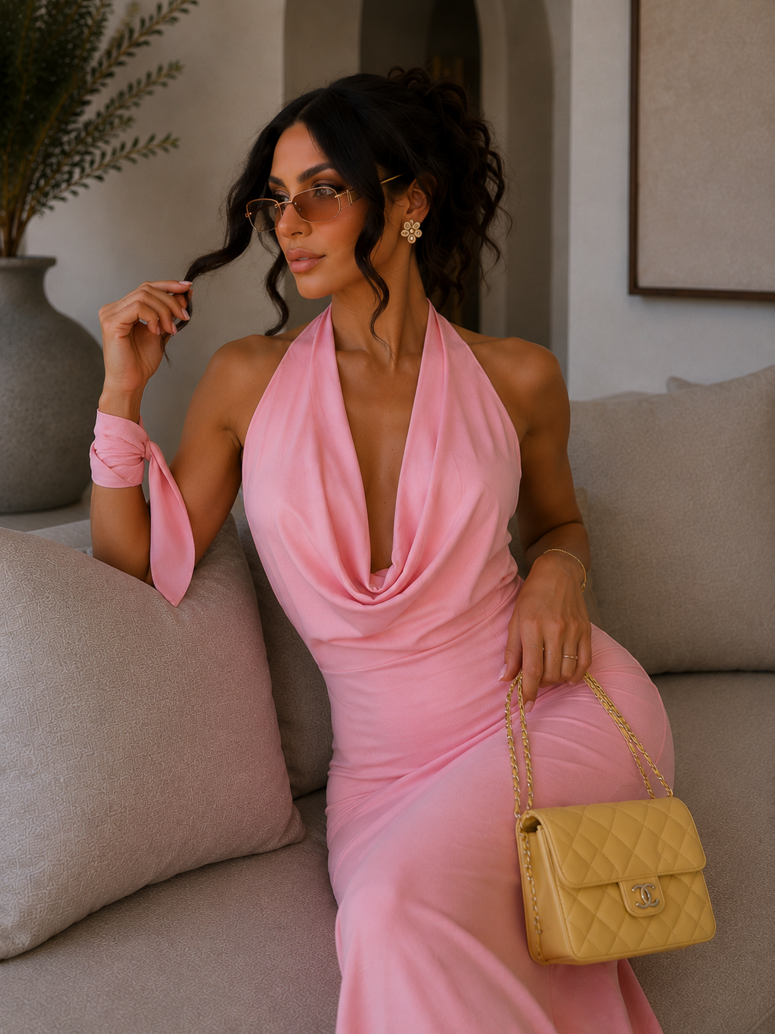 Abito rosa con laccio e scollo