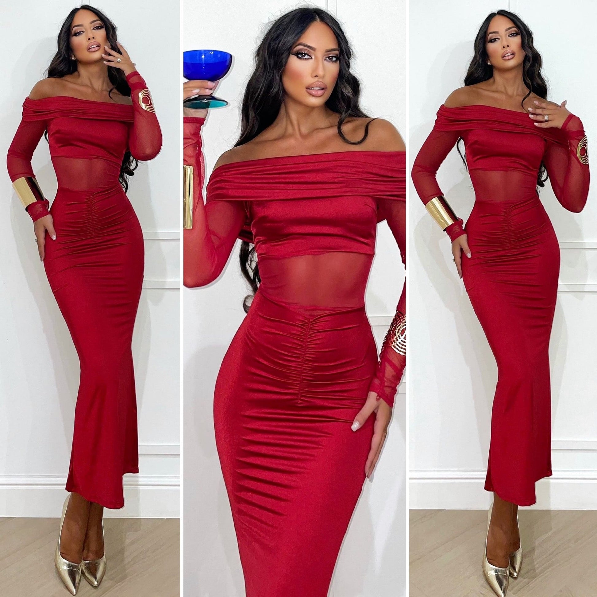 Abito bordeaux con trasparenza