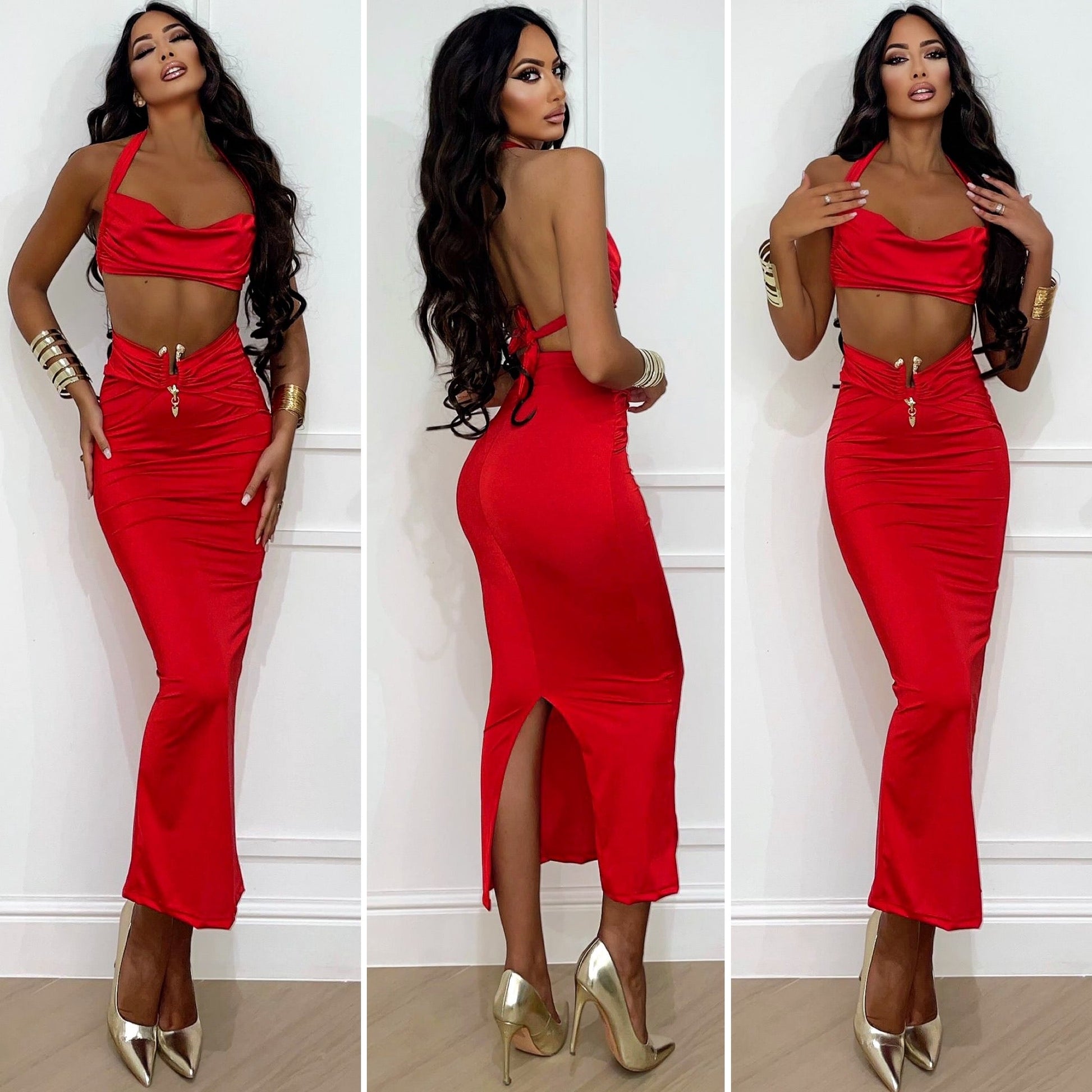 Completo top e gonna rosso con gioiello
